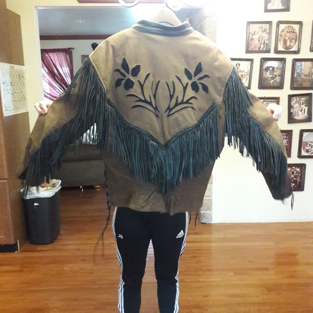 Brown fringed leather jacket.